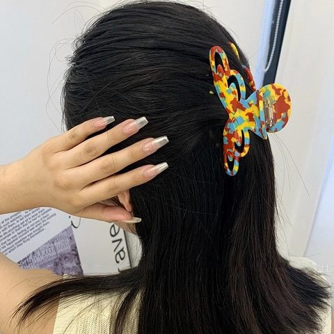 Grande Pince à Cheveux en Acétate Motif de Marbre Ajouré Pince Requin Rétro Épingle à Cheveux Multicolore Accessoires Femme