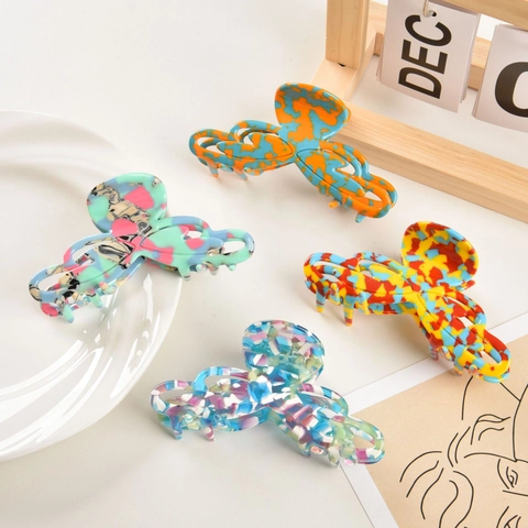 Grande Pince à Cheveux en Acétate Motif de Marbre Ajouré Pince Requin Rétro Épingle à Cheveux Multicolore Accessoires Femme