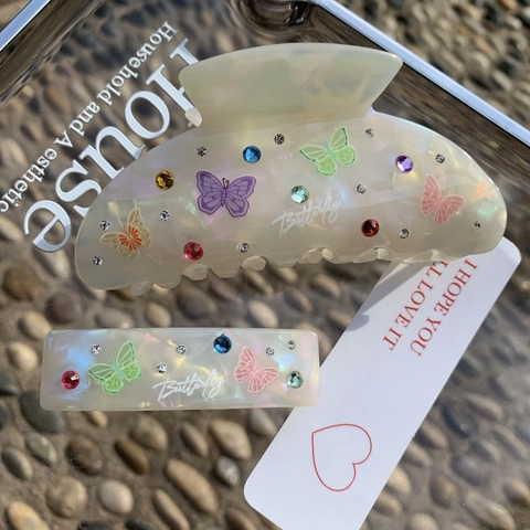 Fermaglio per Capelli in Acetato con Stampa a Farfalla Vintage con Strass Colorati Bianco Perla Artificial Dolce Clip per Capelli Donna