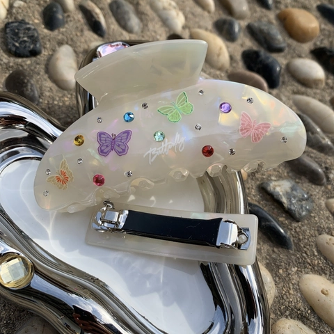Fermaglio per Capelli in Acetato con Stampa a Farfalla Vintage con Strass Colorati Bianco Perla Artificial Dolce Clip per Capelli Donna