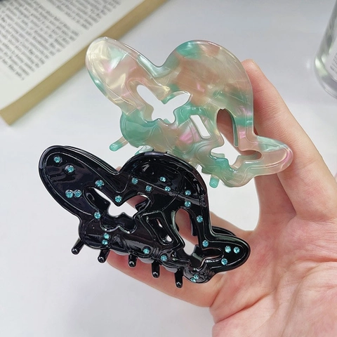 French Vintage Acetate Butterfly Hair Claw Clip Hollow Out Marble Texture Large Shark Clip Rhinestone Hair Grip For Women