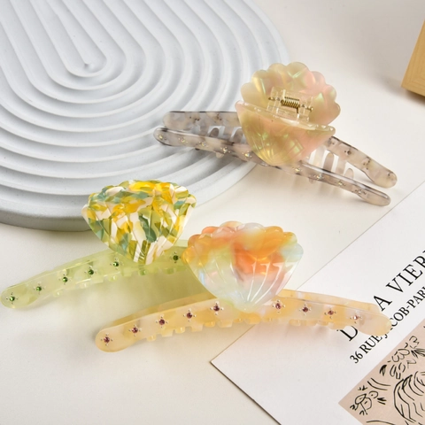 Molletta per Capelli in Acetato a Forma di Conchiglia con Strass Grande Clip a Squalo Intarsiata di Diamanti Colorati per Donna