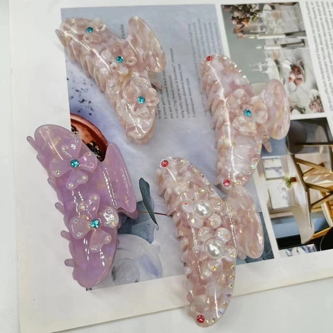 Elegant Acetate Hair Claw Clip For Women Fashion Marble Texture 3D Floral Rhinestone Artificial Pearl Shark Clip Hair Accessories