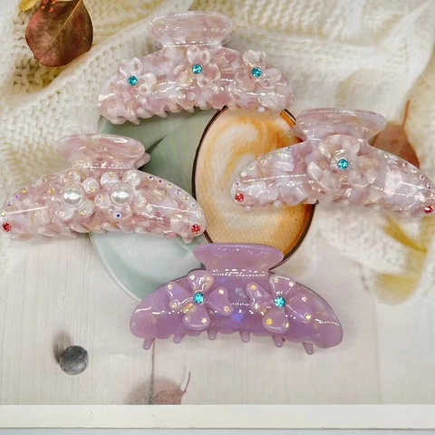 Elegant Acetate Hair Claw Clip For Women Fashion Marble Texture 3D Floral Rhinestone Artificial Pearl Shark Clip Hair Accessories
