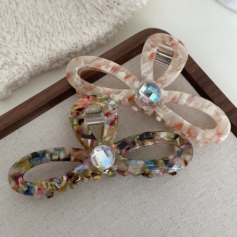 Pince à Cheveux Crabe Nœud Papillon en Acétate de Cellulose Fait Main pour Femme Strass Marbre Écaille Élégante