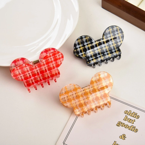 Molla per Capelli in Acrilico a Scacchi per Donna Forma di Farfalla Cartone Animato Accessori per Capelli Design a Griglia