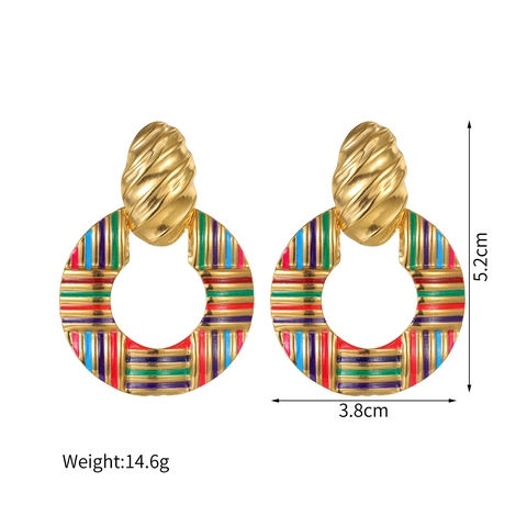 Bohemian Retro Stainless Steel Round Hoop Earrings With Striped Enamel Pattern Gold Plated Fashion Jewelry For Women