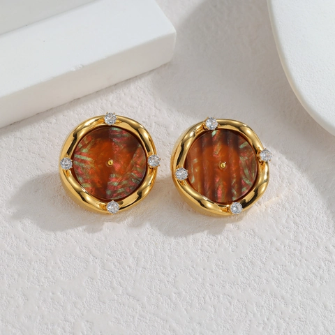 Französisch Vintage Runde Muschel Ohrstecker Für Damen Edelstahl Strass Eingelegt Geometrische Irisierende Schmuck Zubehör
