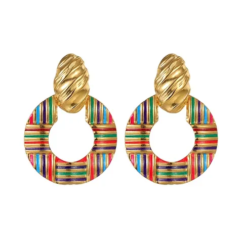 Orecchini a Cerchio Rotondi in Acciaio Inossidabile Retro Bohemian Con Motivo a Strisce in Smalto Gioielli per Donna