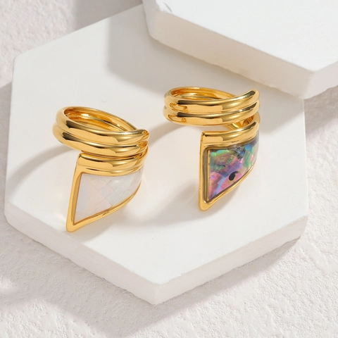 Dames Onregelmatig Geometrisch Roestvrij Staal Open Ring Goud Verguld Ingelegd Kunstparelmoer Abalone Schelp Sieraden