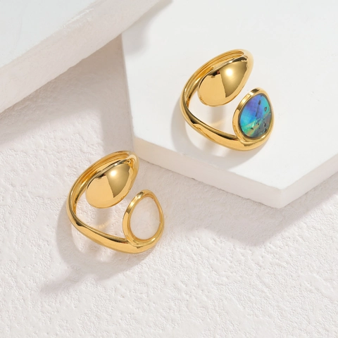 Minimalistischer Edelstahl Unregelmäßiger Offener Ring Für Frauen Vergoldet Abalone Muschel Perlmutt Fingerring Modeschmuck