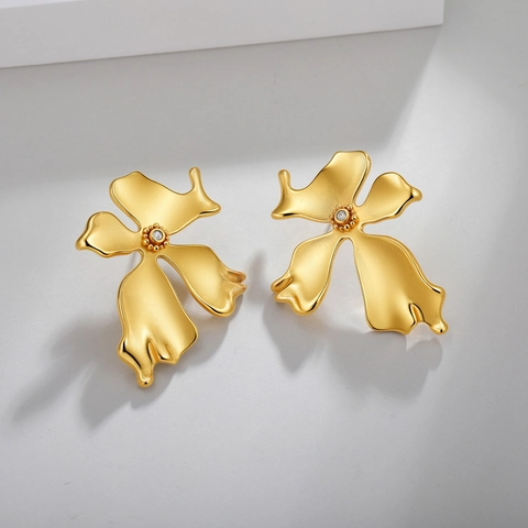 Orecchini a Goccia in Acciaio Inossidabile con Strass a Forma di Petalo di Fiore Vintage di Lusso Oro Opaco per Donna