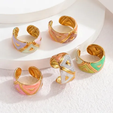 Retro Geometric Stripe Enamel Stainless Steel Open Ring Macaron Glazed Color Adjustable Finger Ring For Women Vintage Aesthetic Jewelry