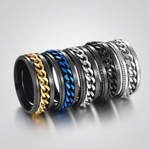 Anello a Catena Ruotabile in Acciaio Inossidabile per Uomo Donna Antistress Apribottiglie Anello Punk alla Moda Bordo Ingranaggio Gioielli