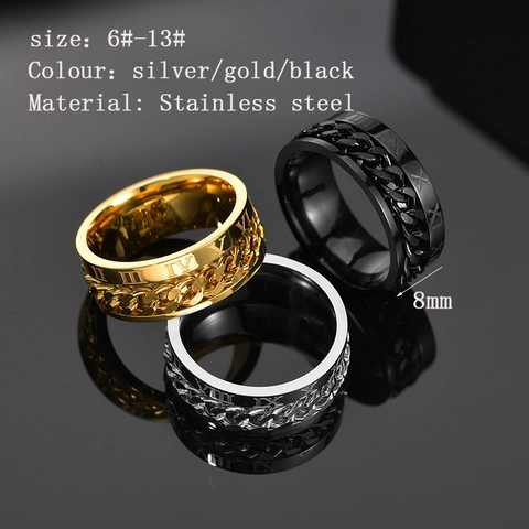 Anillo Giratorio de Acero Inoxidable para Hombre Con Números Romanos Cadena Spinner Estilo Punk Negro Oro Plata