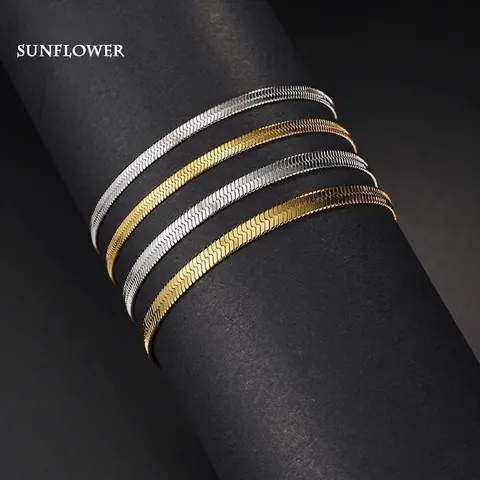 Retro Stainless Steel Herringbone Chain Bracelet For Men Women 18K Gold Plated Minimalist Flat Snake Chain Adjustable Jewelry