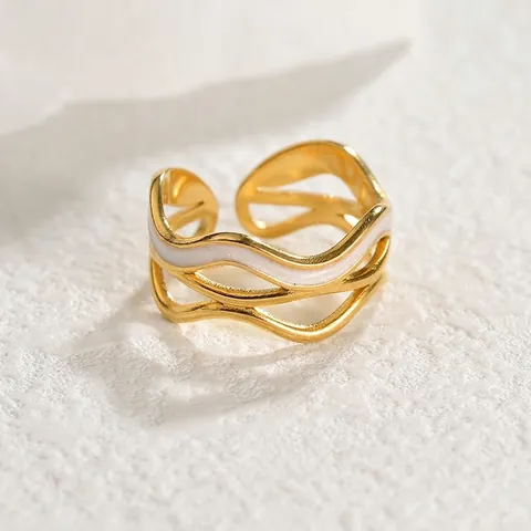 Vintage 18K Vergoldet Edelstahl Wellen Ring Für Damen Weiß Emaille Offen Verstellbar Geometrisch Fingerring Mode Schmuck