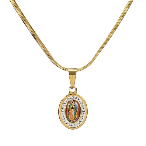 Collana con Ciondolo Vergine di Guadalupe in Acciaio Inossidabile Catena a Ossa di Serpente Ovale Strass Gioielli Hip Hop Religiosi