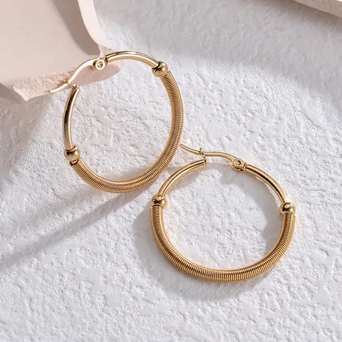 Orecchini a Cerchio in Acciaio Inossidabile Oro Minimalisti Per Donna Gioielli Design con Filo Avvolto e Perline Tonde