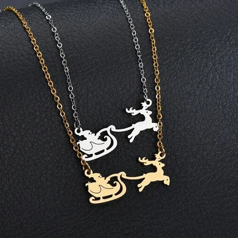 Collana di Natale in Acciaio Inossidabile Pendente Silhouette Babbo Natale con Renna e Slitta Gioielli Festivi per Donna