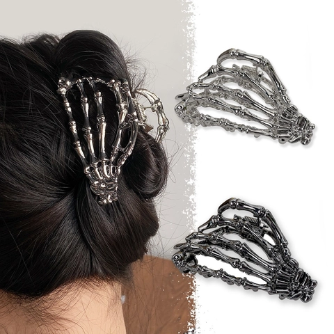 Pinza para el Cabello con Mano de Esqueleto Gótico de Aleación de Metal Cráneo Hueso Para Fiesta de Halloween Mujeres Accesorios para el Cabello Punk Regalo