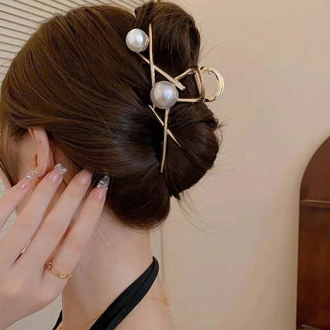 Elegante Pinza de Pelo Grande de Metal Con Doble Perla Artificial de Imitación Pinza Tiburón Geométrica para Mujer Accesorio de Peinado