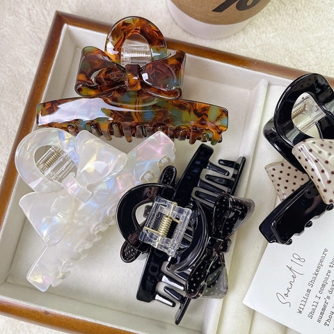 Acetate Bow Hair Claw For Women Elegant Sweet Retro Leopard Polka Dot Marble Shark Clip Large Hair Catch Accessory