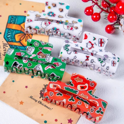 Pinzas para el Cabello con Estampado de Navidad para Mujer Pinza de Garra Grande PVC Diseño de Reno Papá Noel Accesorios de Pelo