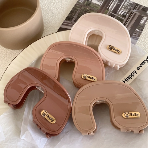 Elegante Pinza Para El Cabello De Acetato Color Maillard Clip De Tiburón Grande Con Etiqueta De Oso Dorado Accesorios Para Mujer