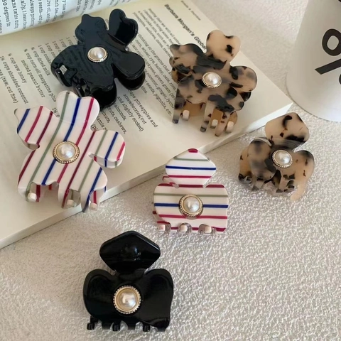 Pinza para el Cabello de Flor de Acetato Vintage Francés Con Perla Artificial Elegante Pinza de Pelo para Mujer Accesorios