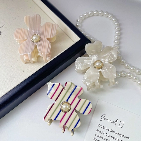 Pinza para el Cabello de Flor de Acetato Vintage Francés Con Perla Artificial Elegante Pinza de Pelo para Mujer Accesorios