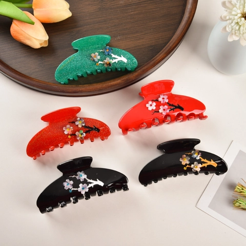 French Vintage Cellulose Acetate Plum Blossom Hair Claw Clip Rhinestone Flower Shark Clip Elegant Hair Accessories Women