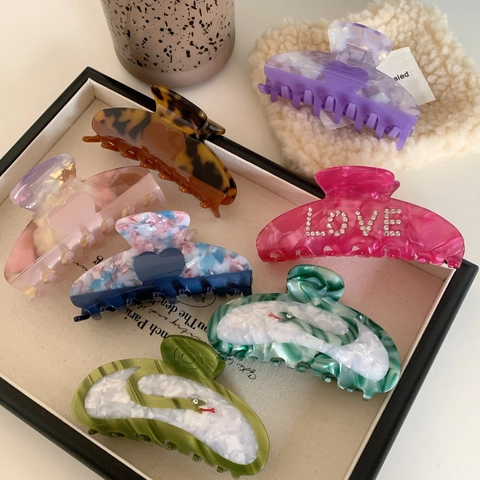 Acetate Hair Claw Rhinestone Heart Snake Decor Marble Texture Strong Grip Shark Clip Elegant Hair Accessory For Women