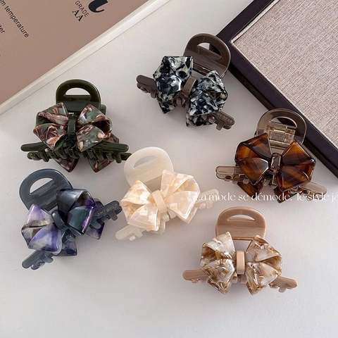 Vintage Acetate Bow Hair Claw Clip Elegant Marble Tortoise Pattern Shark Clip For Women Thick Hair Accessories Non Slip