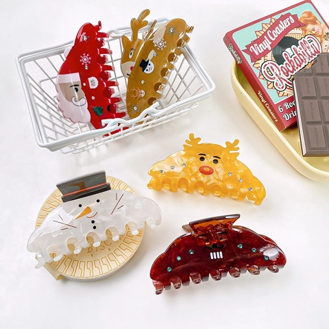 Christmas Theme Hair Claw Clip For Women Kids Cute Snowman Elk Santa Claus Rhinestone PVC Large Shark Clip Hair Accessories