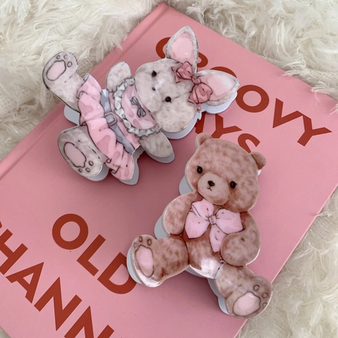 Simpatica Pinza per Capelli in Acrilico con Orso e Coniglio per Donna Design Animale Fatto a Mano Rosa Marrone Accessori per Capelli