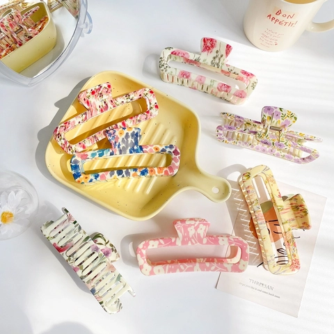 Grande Molla per Capelli con Stampa Floreale per Donna Vintage Francese Rettangolare Vuota Clip a Squalo Accessori per Capelli
