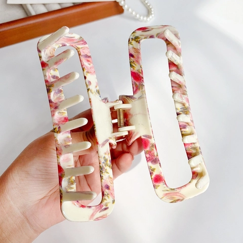 Grande Molla per Capelli con Stampa Floreale per Donna Vintage Francese Rettangolare Vuota Clip a Squalo Accessori per Capelli