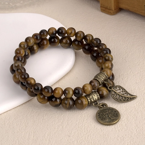 Natural Stone Beaded Bracelet Collection Tree of Life Leaf Pendant Bohemian Vintage Agate Amethyst Tiger Eye Elastic Jewelry
