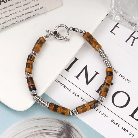 Bracciale di Perle Cilindriche in Pietra Occhio di Tigre Naturale Con Chiusura a Olivette in Lega Vintage Etnico Unisex