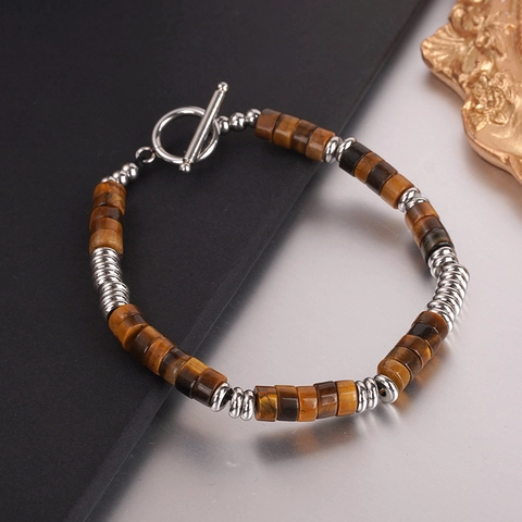 Bracciale di Perle Cilindriche in Pietra Occhio di Tigre Naturale Con Chiusura a Olivette in Lega Vintage Etnico Unisex