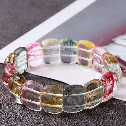 Bracelet Rectangulaire Perlé Fait à la Main Style Cristal Fantôme Verre Élastique Bracelet en Rangée de Main Couleur Mixte Bijoux