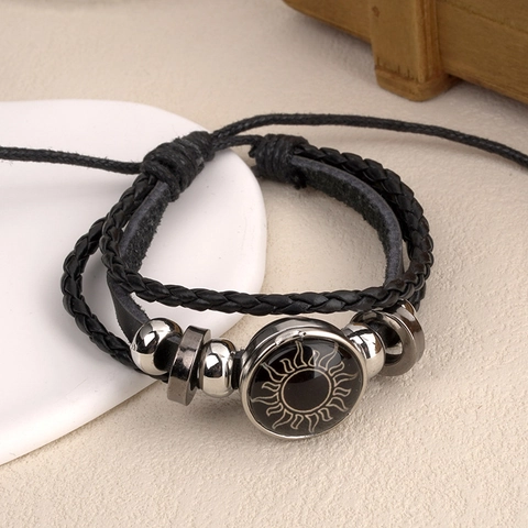 Vintage Luminous Woven Bracelet Faux Leather Zinc Alloy Sun Moon Glass Dome Multi-layer Handmade Bracelet For Couples Men Women Jewelry Gift