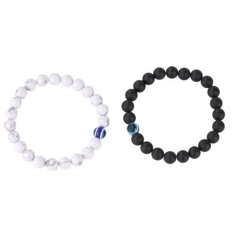 Natural Stone Evil Eye Beaded Bracelet For Men Women Couple Friendship Matte Black White Marble Stone Elastic Strand Bracelet Jewelry