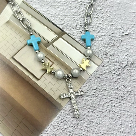 Edelstahl Türkis Kreuz Engel Stern Anhänger Geschichtet Halskette Armband Set Für Damen Herren Hip Hop Streetwear Schmuck
