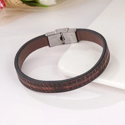 Pulsera de Cuero Grabado Vintage para Hombres Mujeres Cierre Desplegable de Acero Inoxidable Patrón de Llave Griega Joyería de Moda