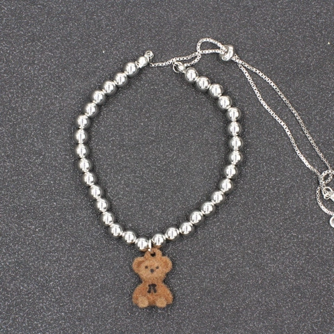 Bracciale da Donna in Acciaio Inossidabile con Pendente a Forma di Orso Cartone Animato Lusso Leggero Regolabile Catena a Sfere Gioiello con Strass