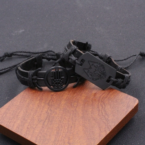 Punk Retro Wolf Head Hamsa Hand Braided Leather Bracelet Gothic Alloy Charm Adjustable Wrap Bracelet For Men Women Jewelry
