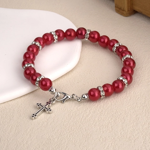 Pulsera de Perlas Artificiales de Aleación de Moda Rosario Religioso de Estrás Colgante de Cruz de Metal Joyería Unisex