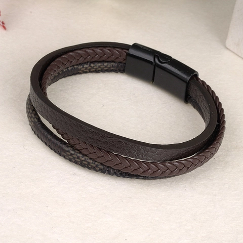 Heren Meerlagige Gevlochten Leren Armband Legering Magneetsluiting Punk Geometrische Wikkelarmband Urban Casual Sieraden Cadeau Unisex